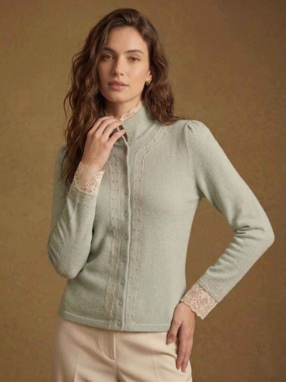 NWT Moth Anthropologie Sage Green Mock Neck Lace Trim Knit Cardigan Size (M)